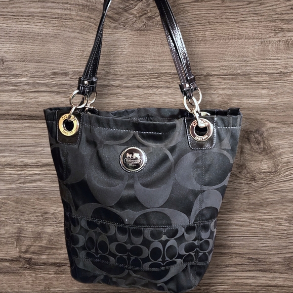 Coach Handbags - COACH #1449 Black Alex Sateen Patten Leather Monogram Shoulder Bucket Tote
